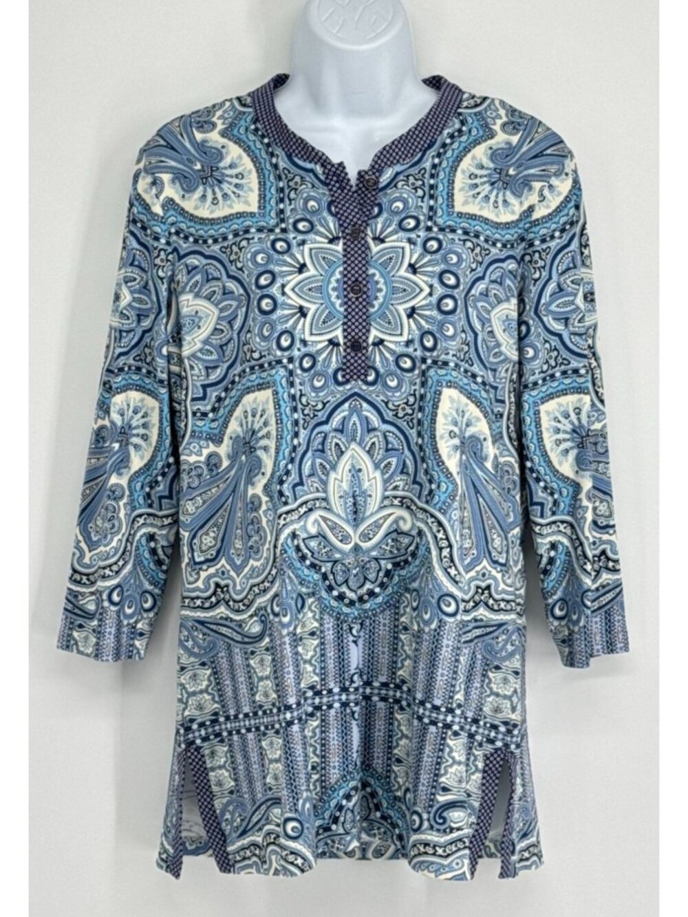 J.McLaughlin Catalina Cloth Tunic Top L Large Blue Paisley Medallion Knit Stretc